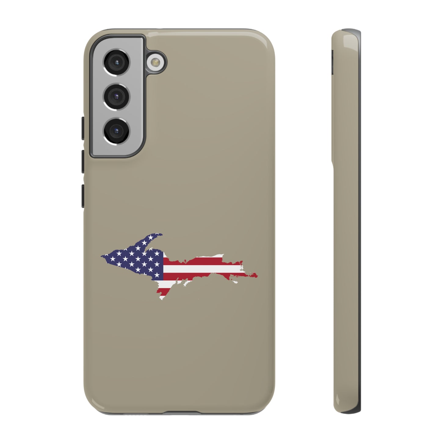 Michigan Upper Peninsula Tough Phone Case (Petoskey Stone Beige w/ UP USA Flag Outline) | Samsung & Pixel Android