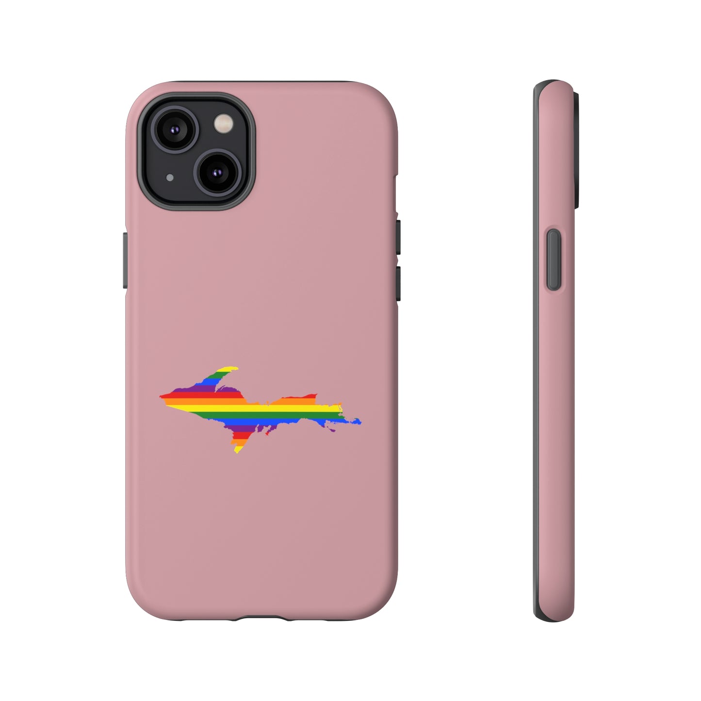 Michigan Upper Peninsula Tough Phone Case (Cherry Blossom Pink w/ UP Pride Flag Outline) | Apple iPhone