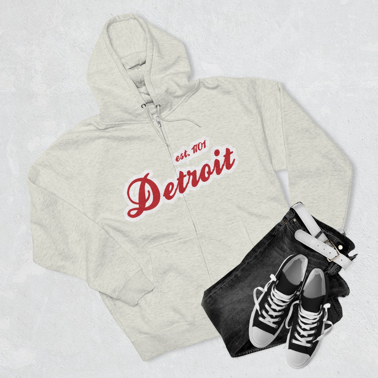 'Detroit EST 1701' Hoodie (Aliform Red Script Font) | Unisex Full Zip