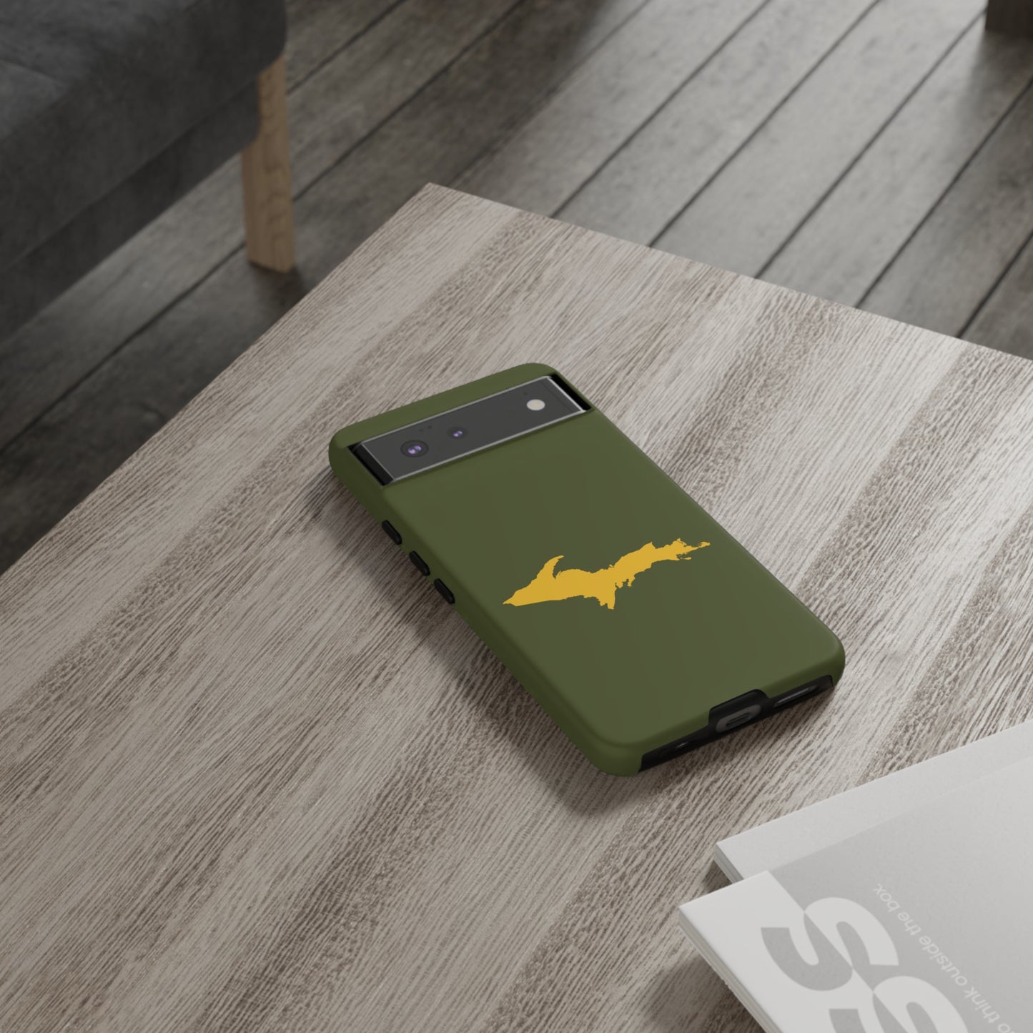 Michigan Upper Peninsula Tough Phone Case (Army Green w/ Gold UP Outline) | Samsung & Pixel Android