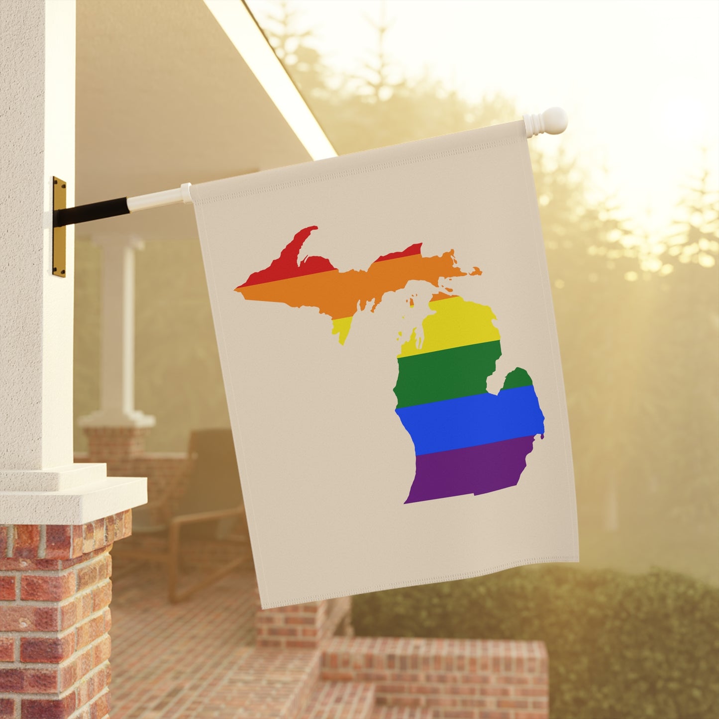 Michigan Rainbow Pride Home & Garden Flag (w/ MI Outline) | Champagne White