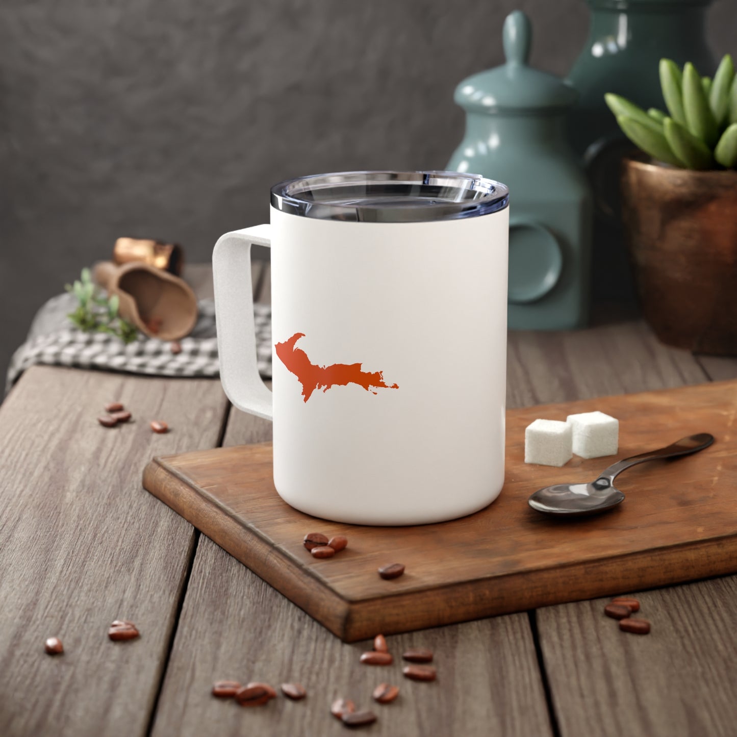 Michigan Upper Peninsula Insulated Coffee Mug (Maple Leaf Orange Outline) | 10oz