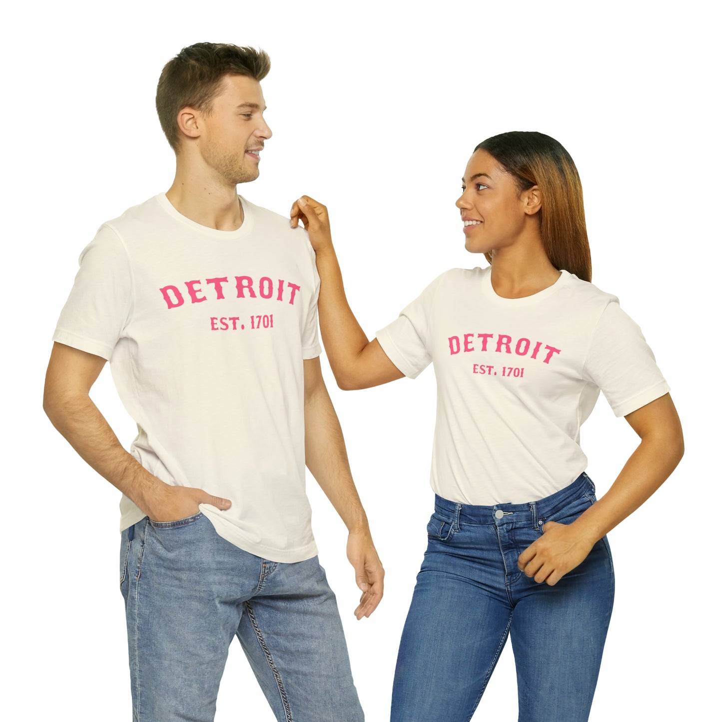 'Detroit EST. 1701' T-Shirt (Rhodochrosite Pink Ballpark Font) | Unisex Standard