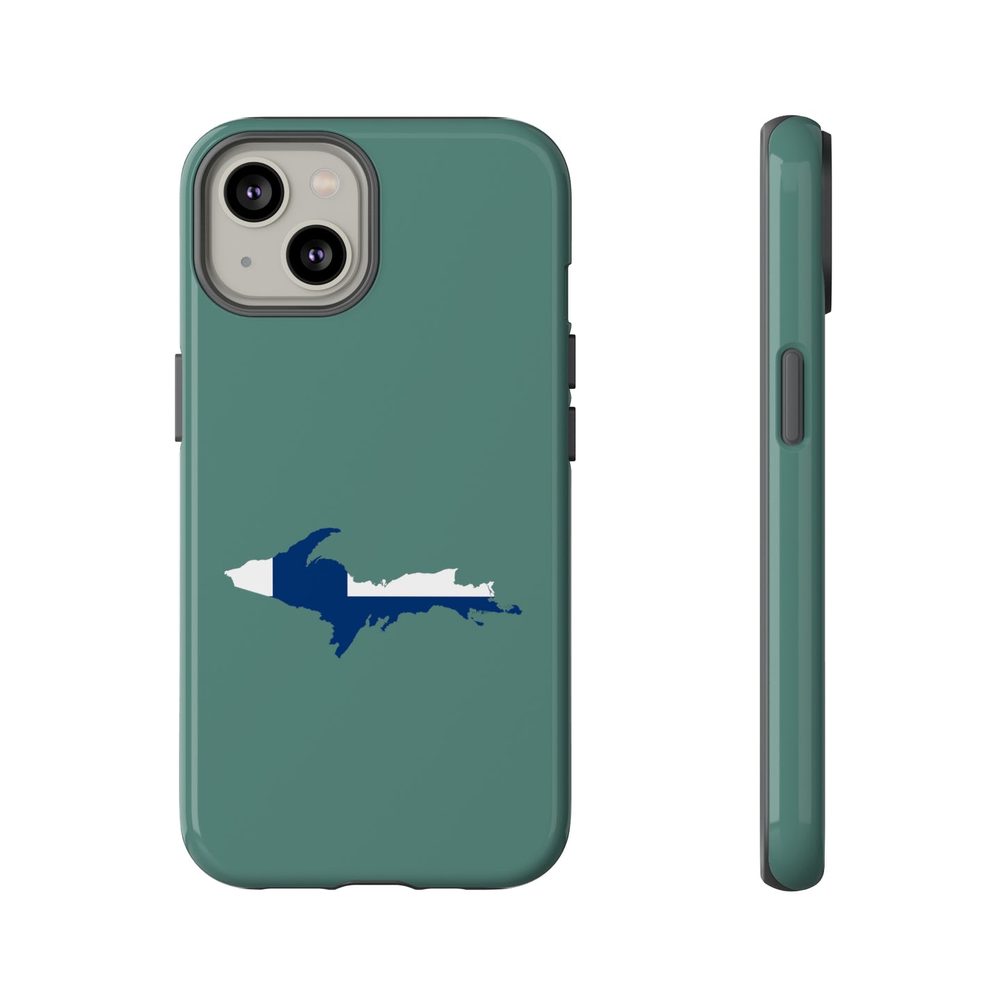 Michigan Upper Peninsula Tough Phone Case (Copper Green w/ UP Finland Flag Outline) | Apple iPhone