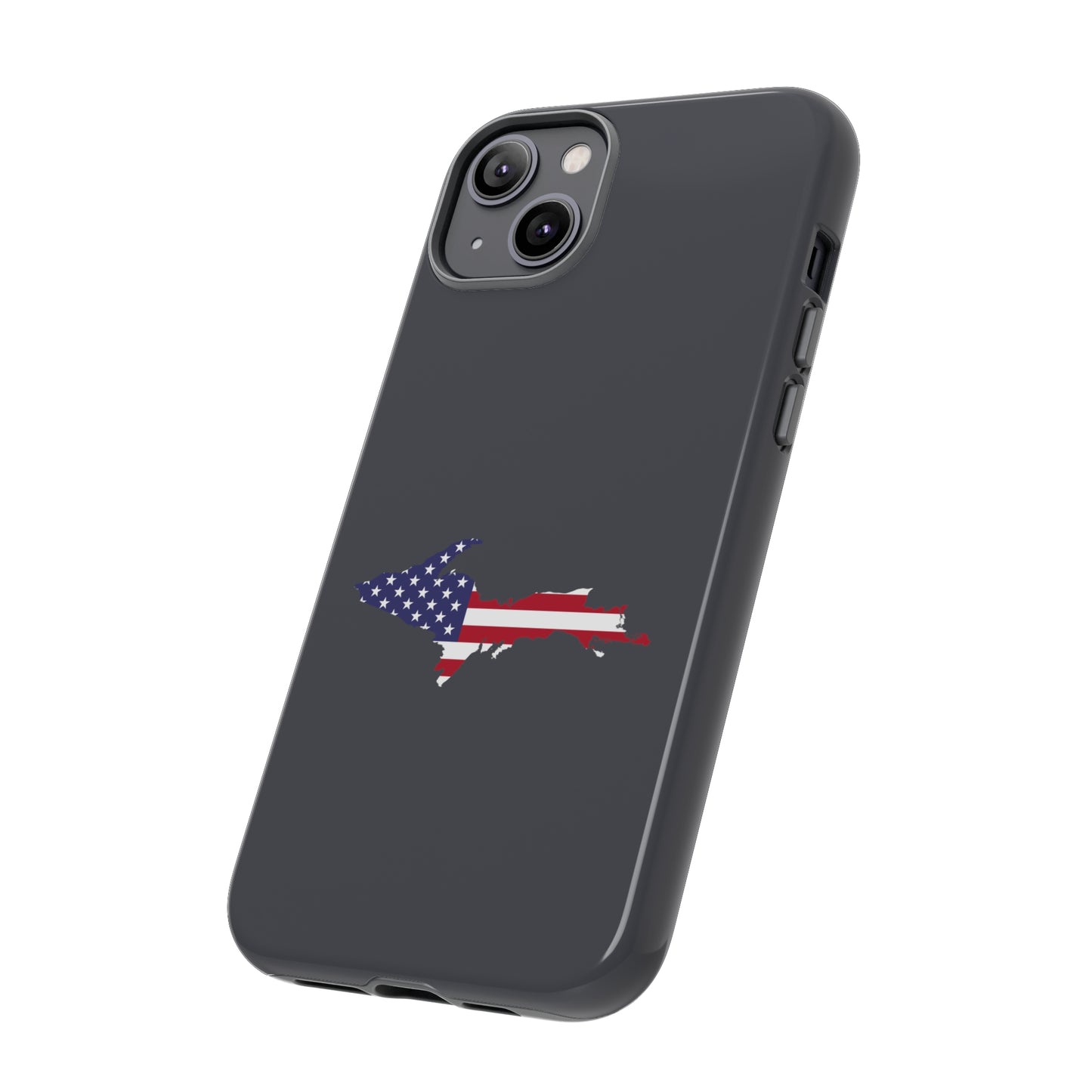 Michigan Upper Peninsula Tough Phone Case (Iron Ore Grey w/ UP USA Flag Outline) | Apple iPhone