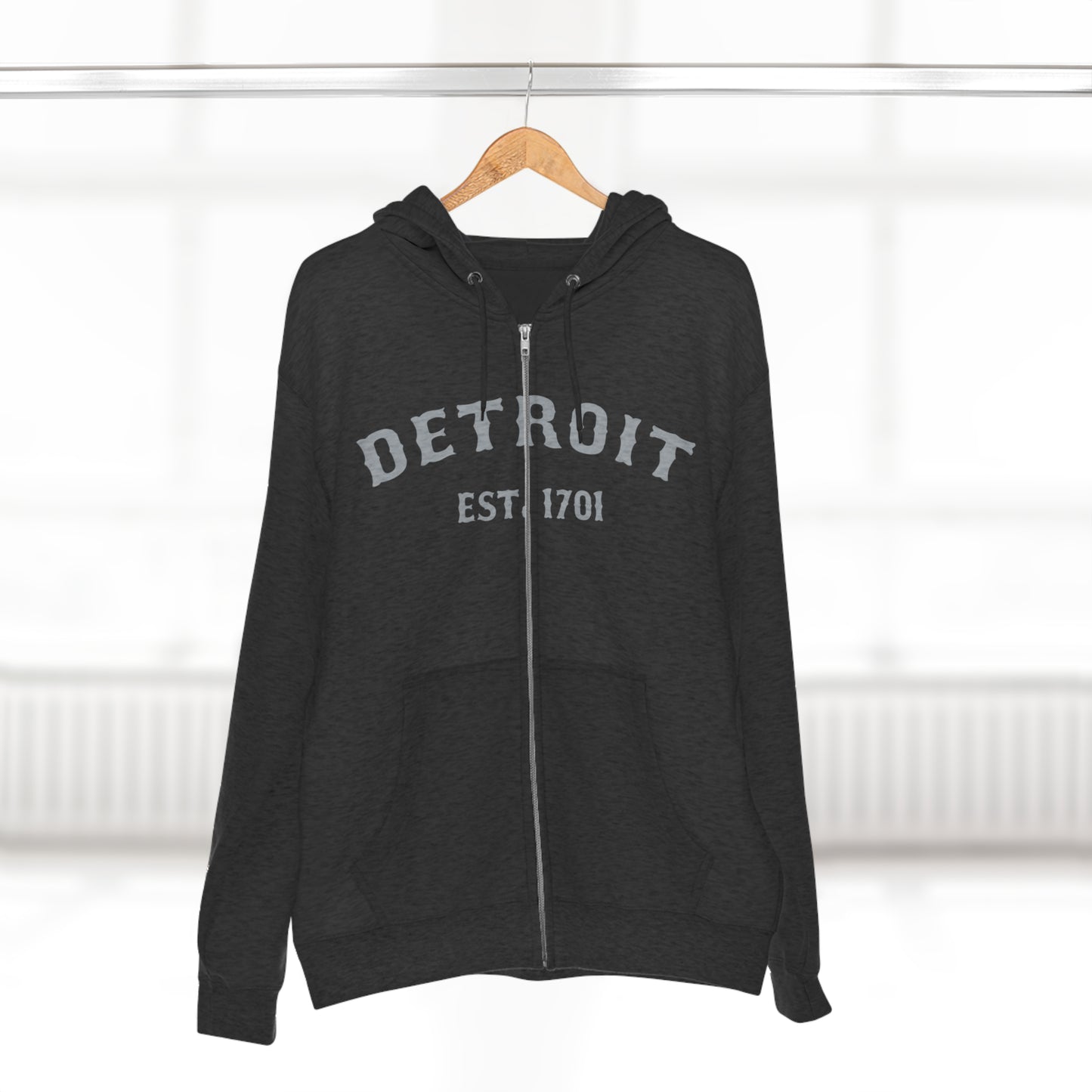 'Detroit EST. 1701' Hoodie (Silver Ballpark Font) | Unisex Full Zip