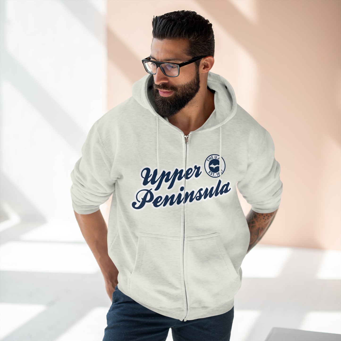 'Upper Peninsula EST 1837' Hoodie (Navy Script Font) | Unisex Full Zip