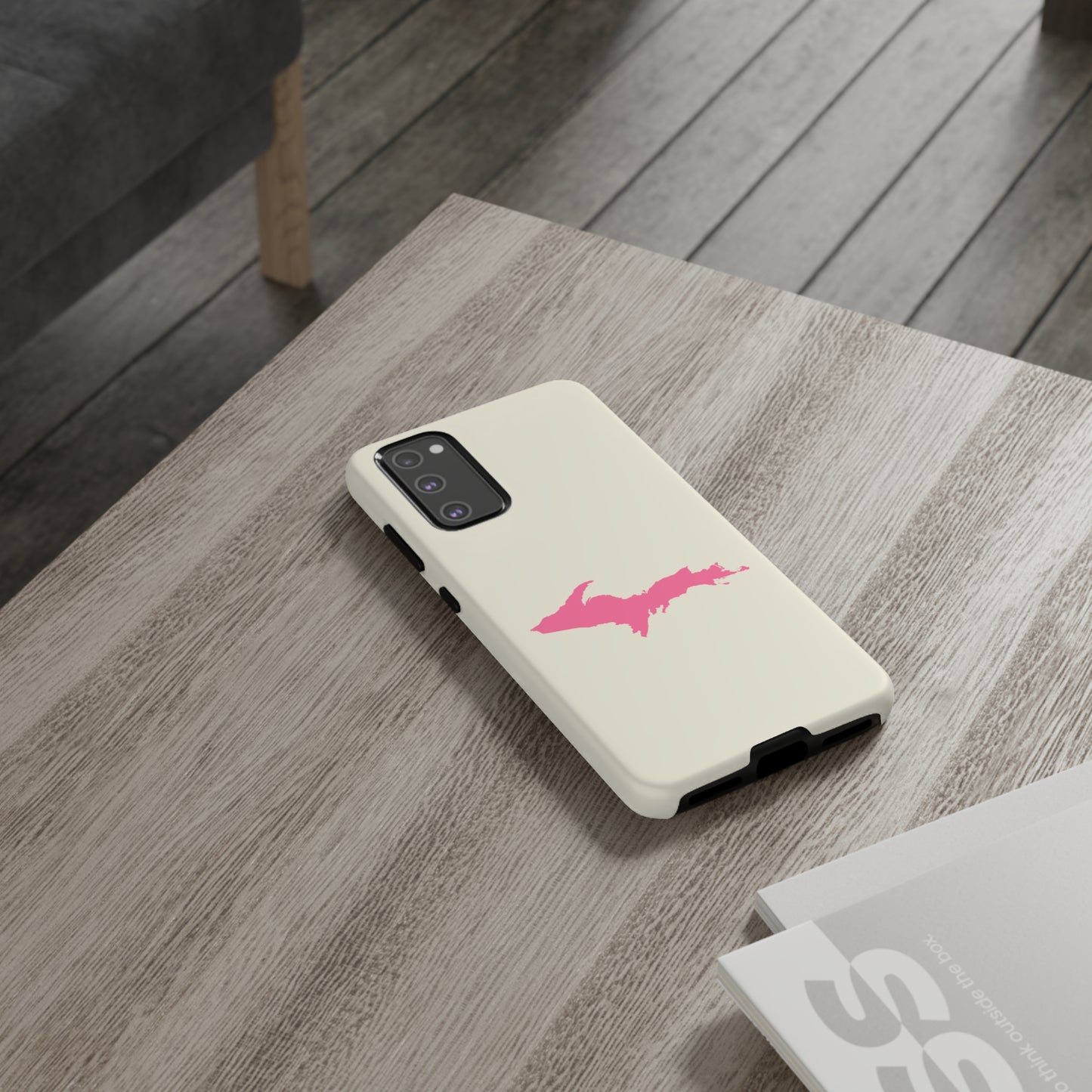 Michigan Upper Peninsula Tough Phone Case (Ivory Color w/ Pink UP Outline) | Samsung & Pixel Android