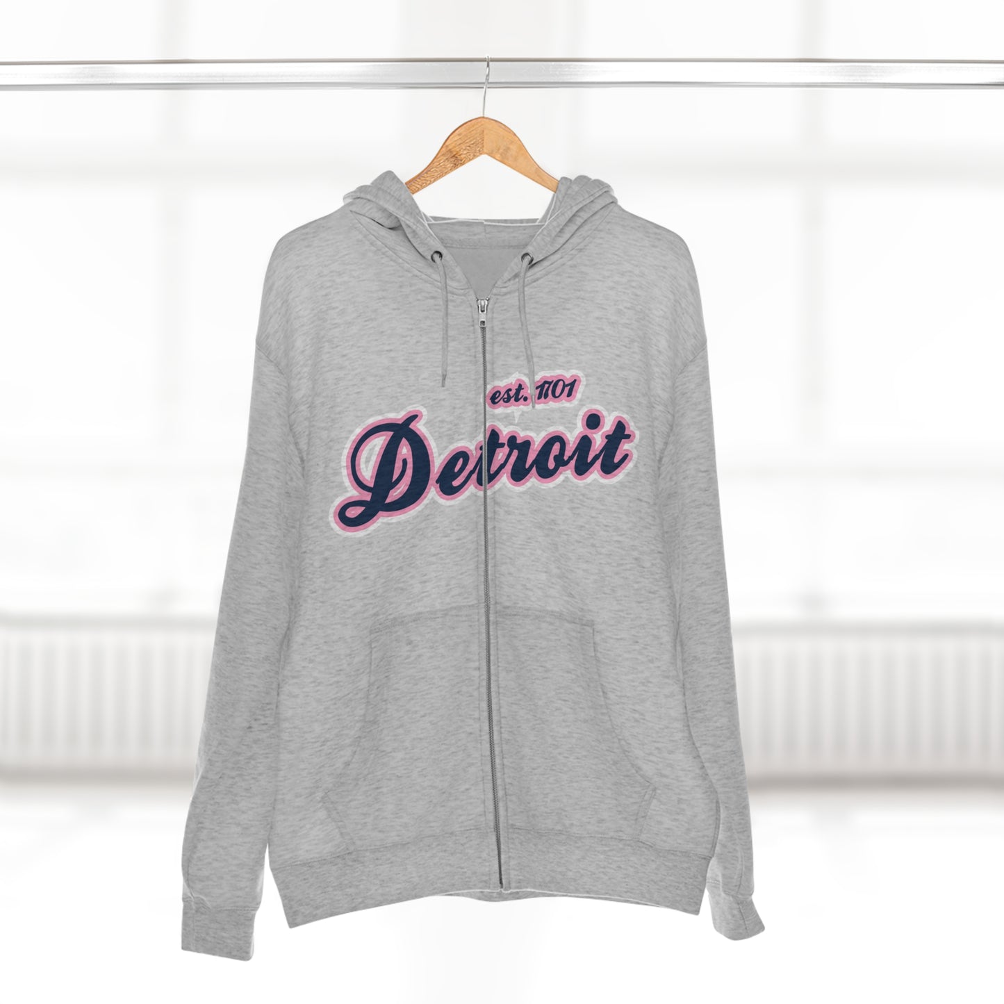 'Detroit EST 1701' Hoodie (Navy/Pink Script Font) | Unisex Full Zip