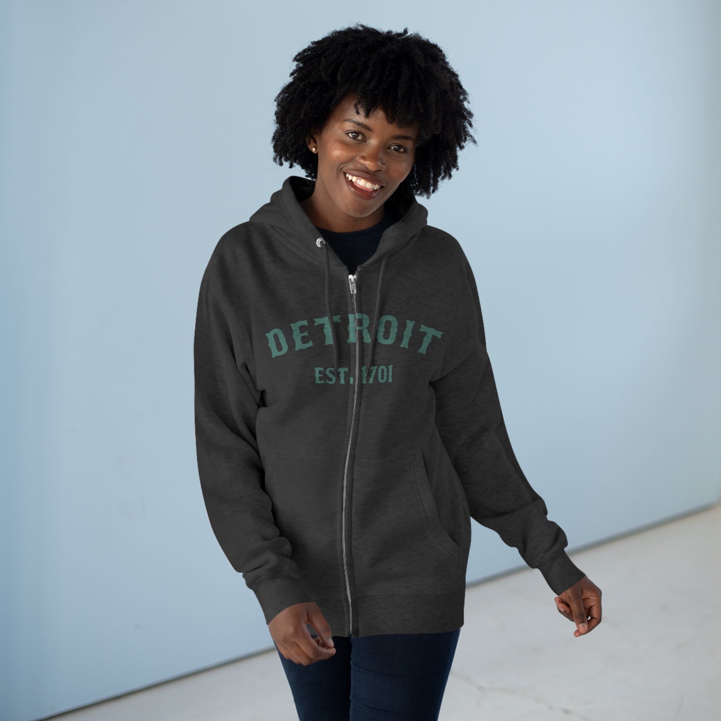 'Detroit EST. 1701' Hoodie (Copper Green Ballpark Font) | Unisex Full Zip