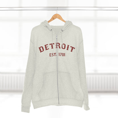 'Detroit EST. 1701' Hoodie (Ore Dock Red Ballpark Font) | Unisex Full Zip