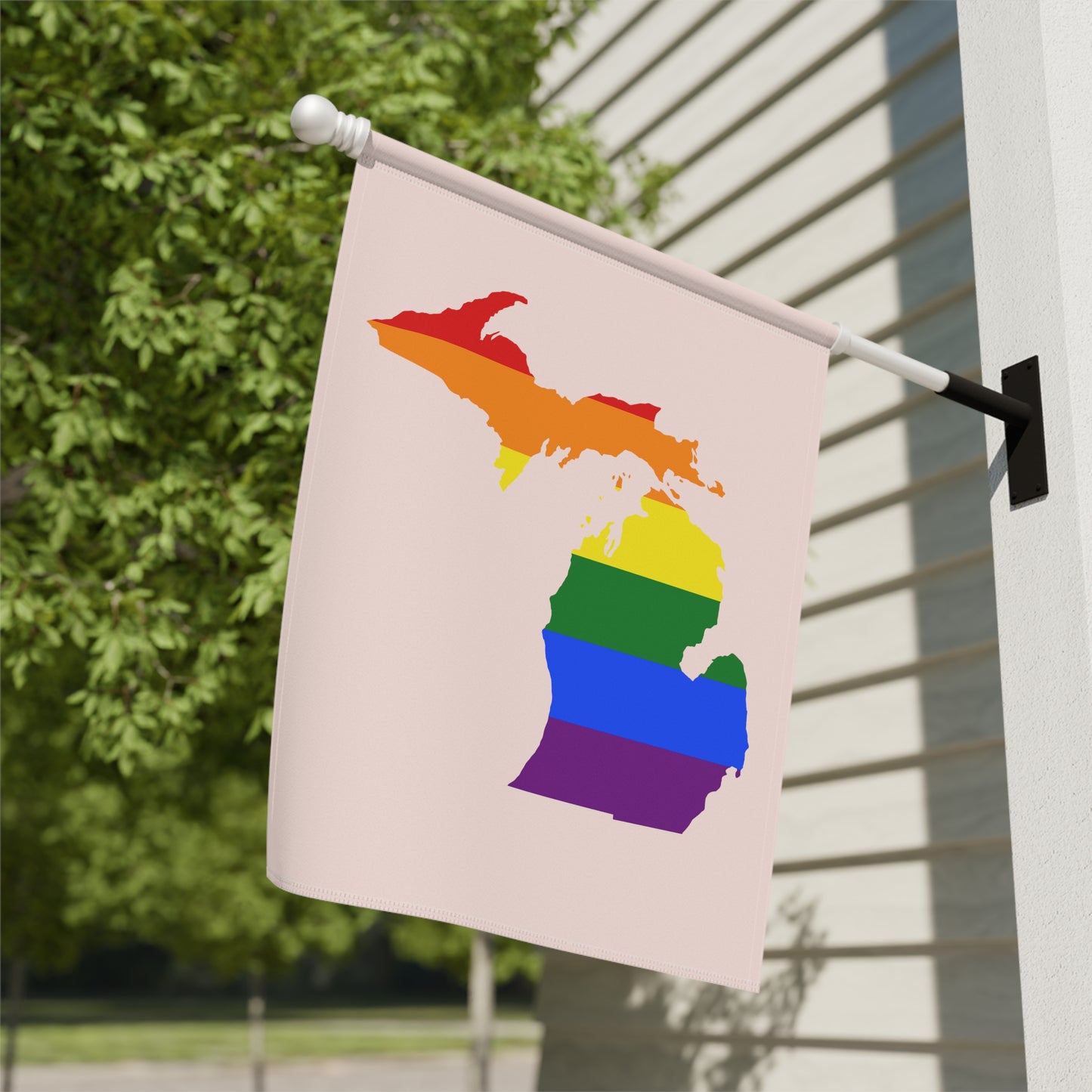 Michigan Rainbow Pride Home & Garden Flag (w/ MI Outline) | Champagne Pink