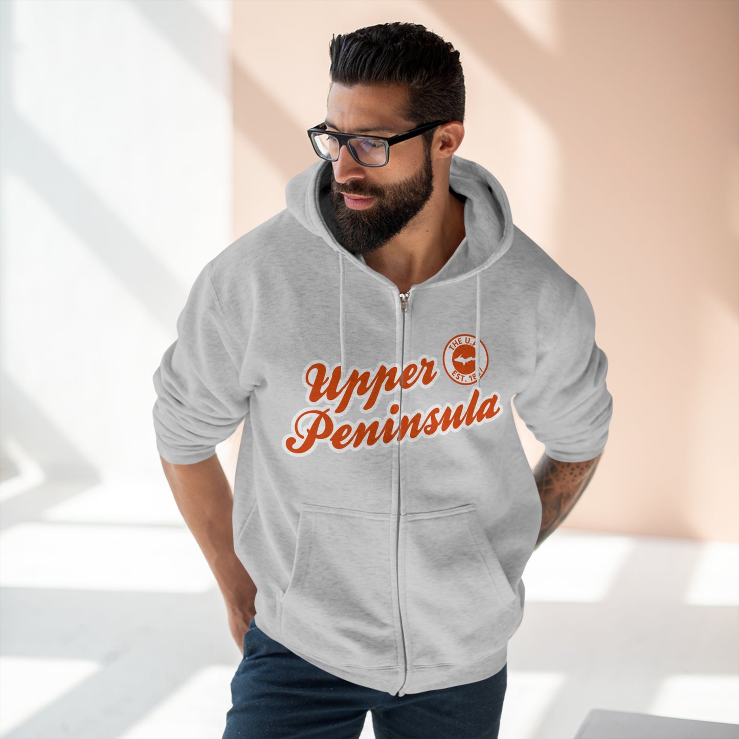 Upper Peninsula EST 1837' Hoodie (Maple Leaf Orange Script Font) | Unisex Full Zip