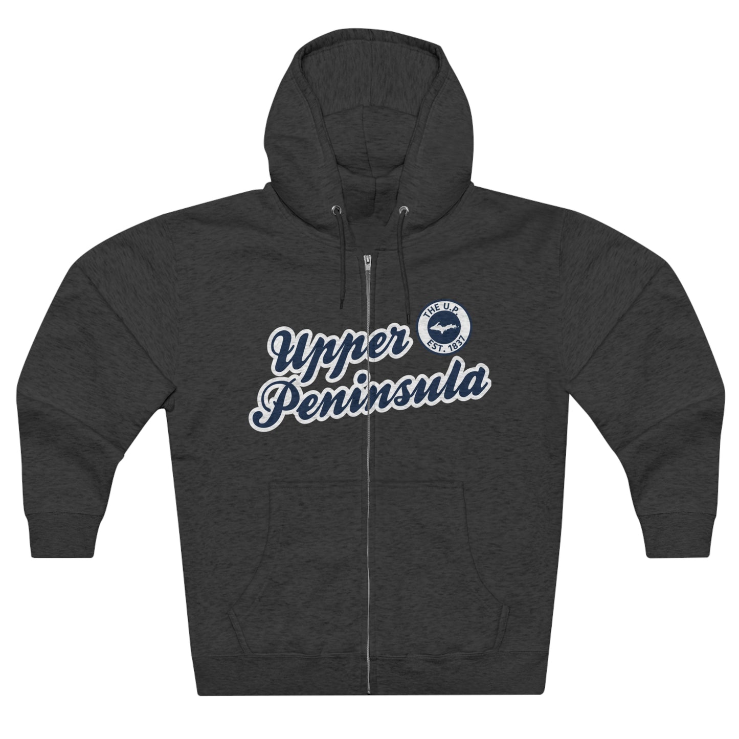 'Upper Peninsula EST 1837' Hoodie (Navy Script Font) | Unisex Full Zip