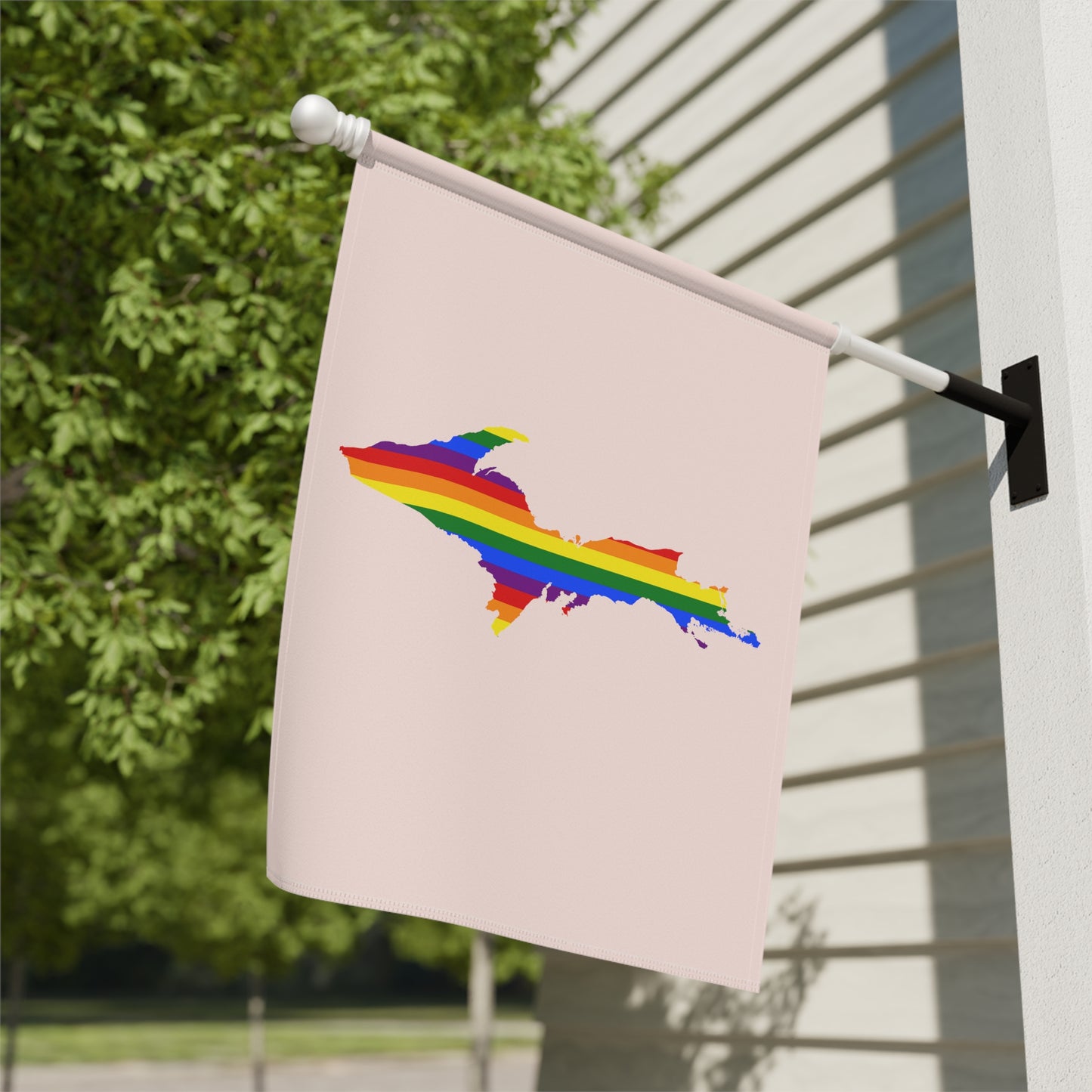 Michigan Upper Peninsula Home & Garden Flag (w/ UP Rainbow Pride Flag) | Champagne Pink