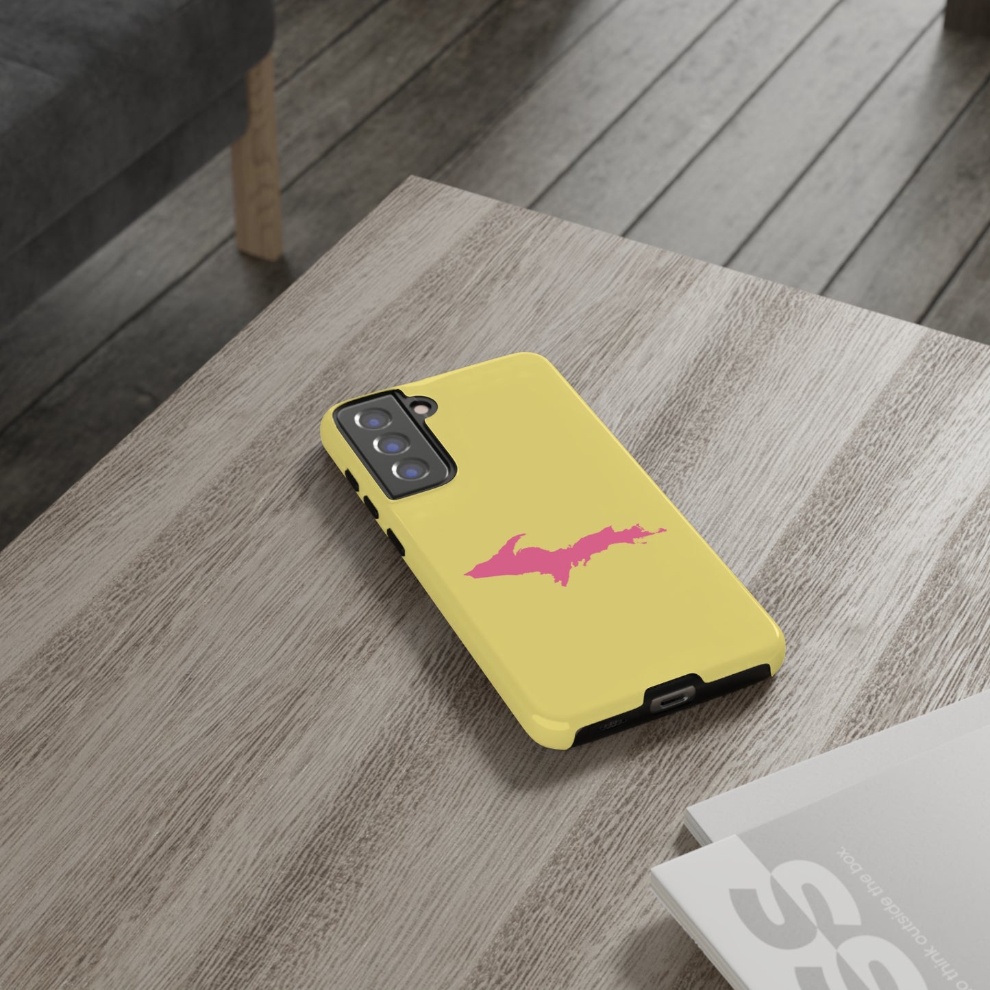 Michigan Upper Peninsula Tough Phone Case (Yellow Cherry Color w/ Pink UP Outline) | Samsung & Pixel Android