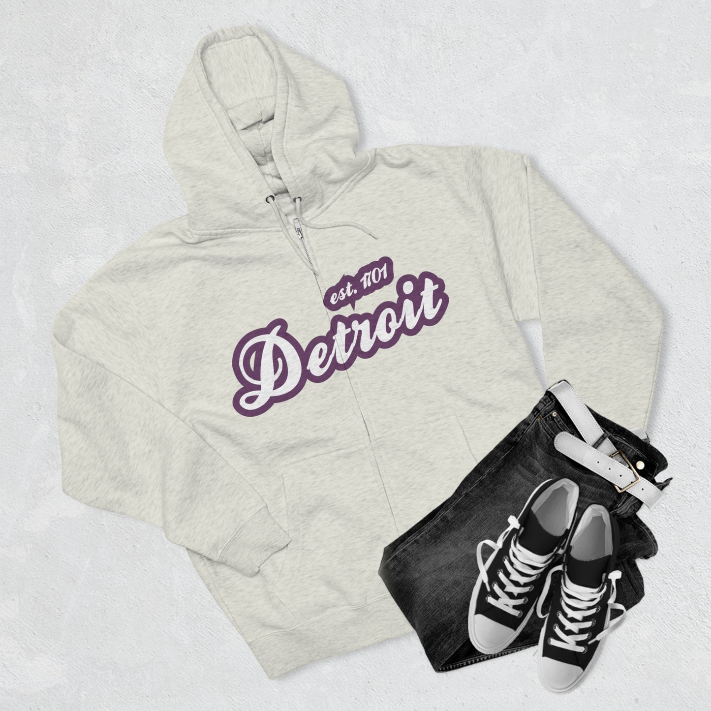 'Detroit EST 1701' Hoodie (Plum Script Font) | Unisex Full Zip