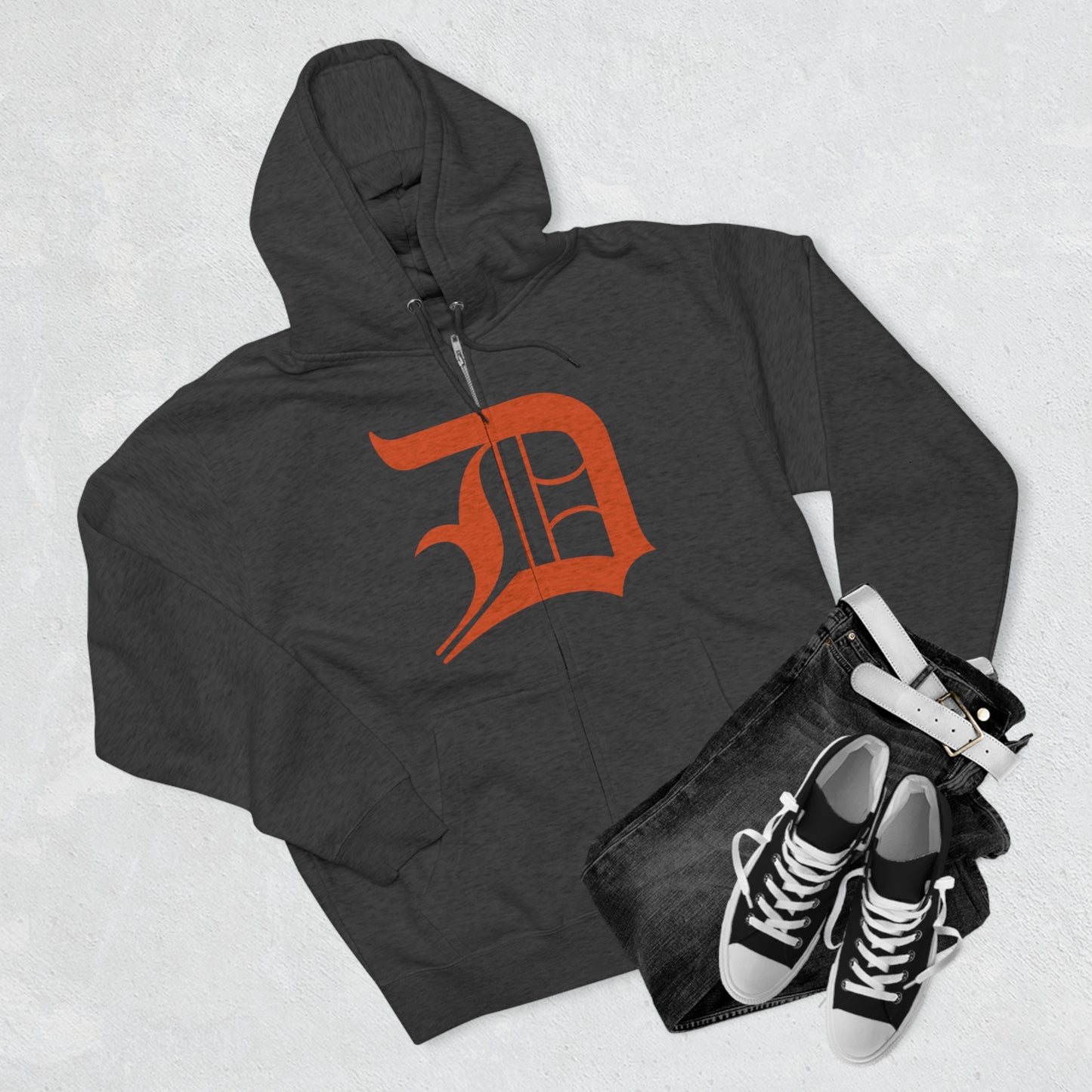 Detroit 'Old English D' Hoodie (Full-Body Maple Leaf Orange) | Unisex Full Zip