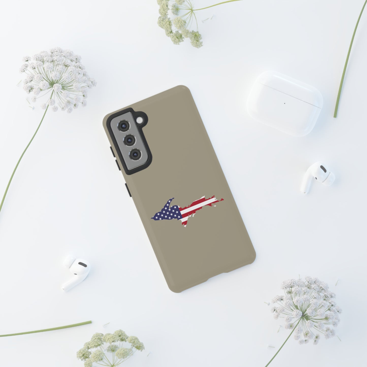 Michigan Upper Peninsula Tough Phone Case (Petoskey Stone Beige w/ UP USA Flag Outline) | Samsung & Pixel Android