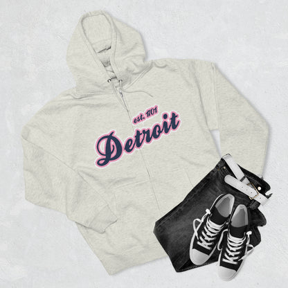 'Detroit EST 1701' Hoodie (Navy/Pink Script Font) | Unisex Full Zip