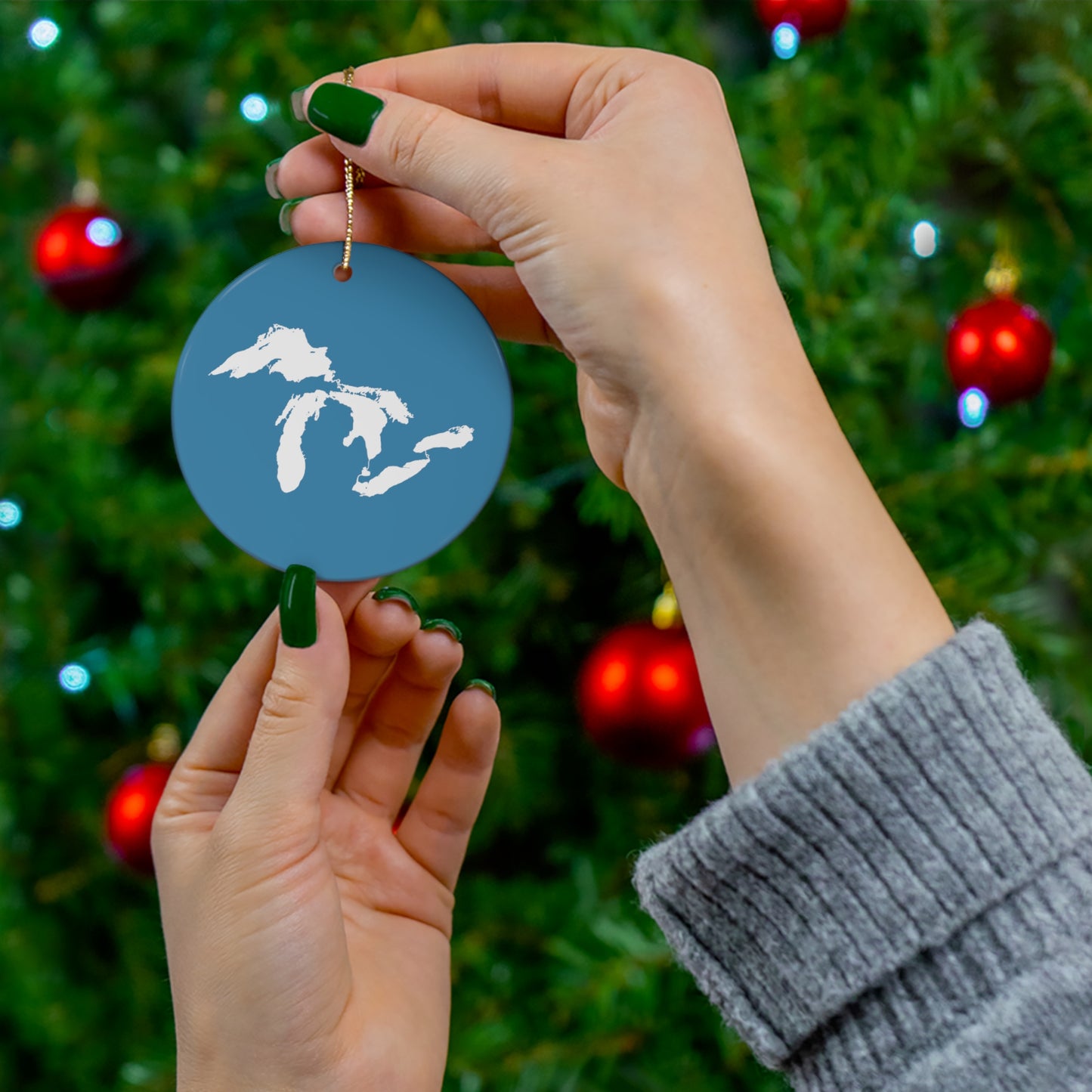 Great Lakes Christmas Ornament (Lake Michigan Blue) | Ceramic - 4 Shapes