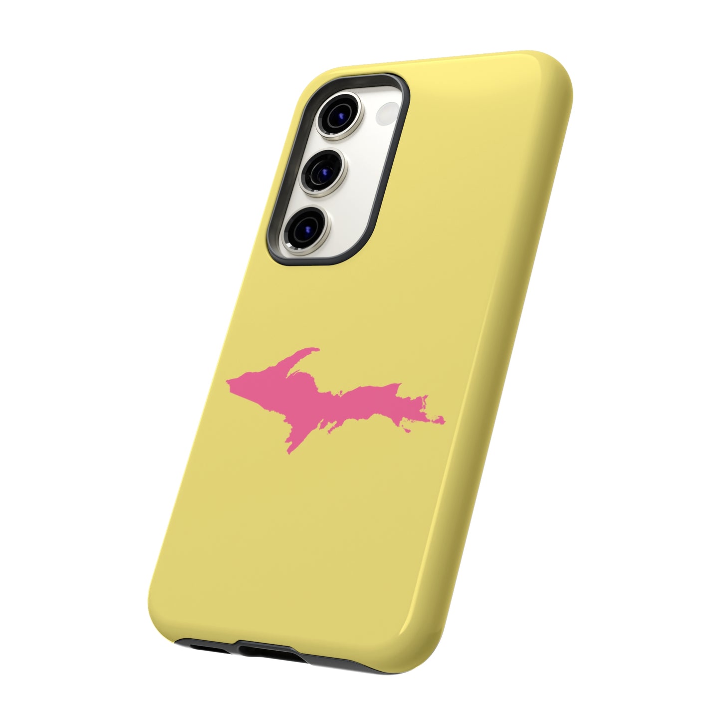 Michigan Upper Peninsula Tough Phone Case (Yellow Cherry Color w/ Pink UP Outline) | Samsung & Pixel Android