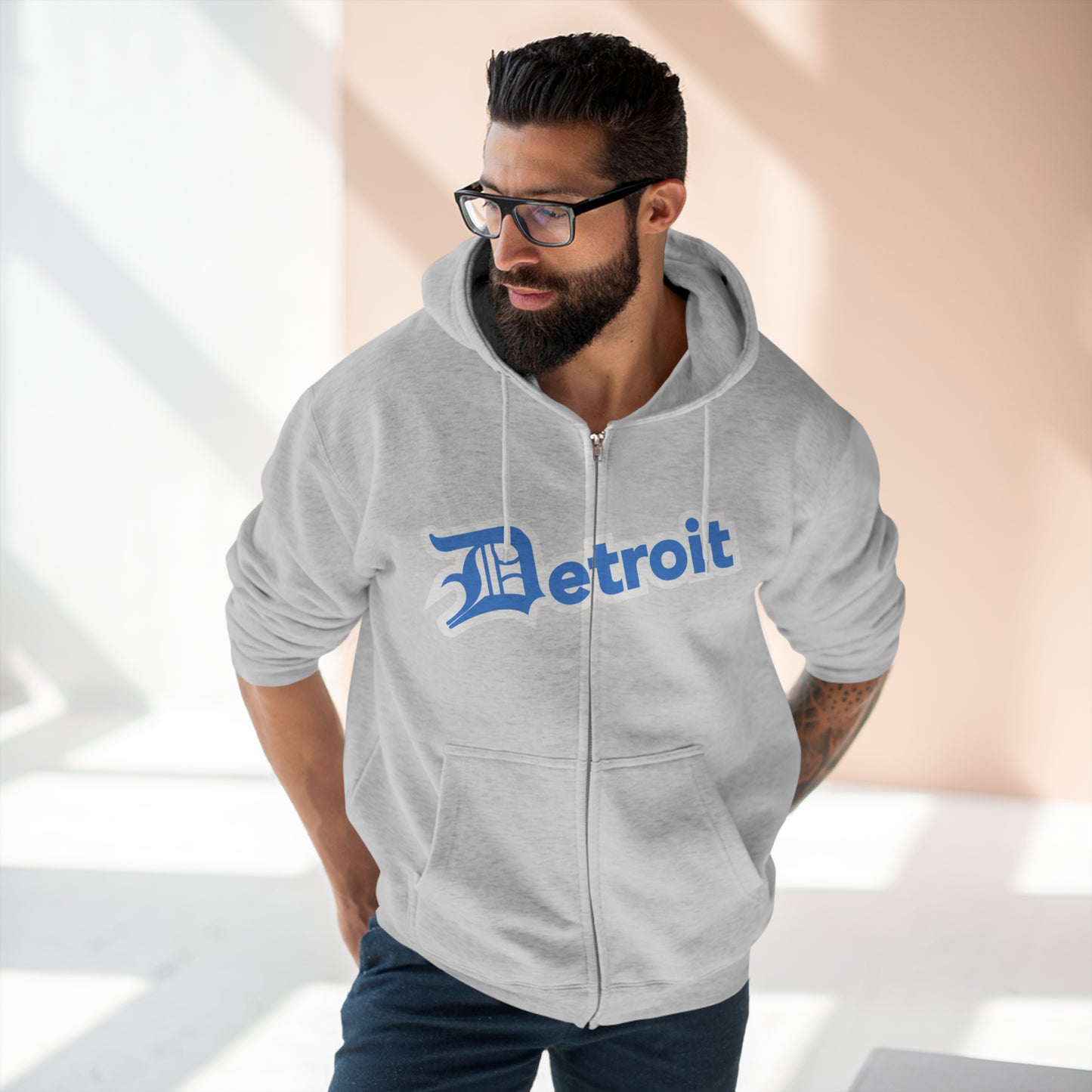 'Detroit' Hoodie (Azure w/ Old English 'D') | Unisex Full Zip