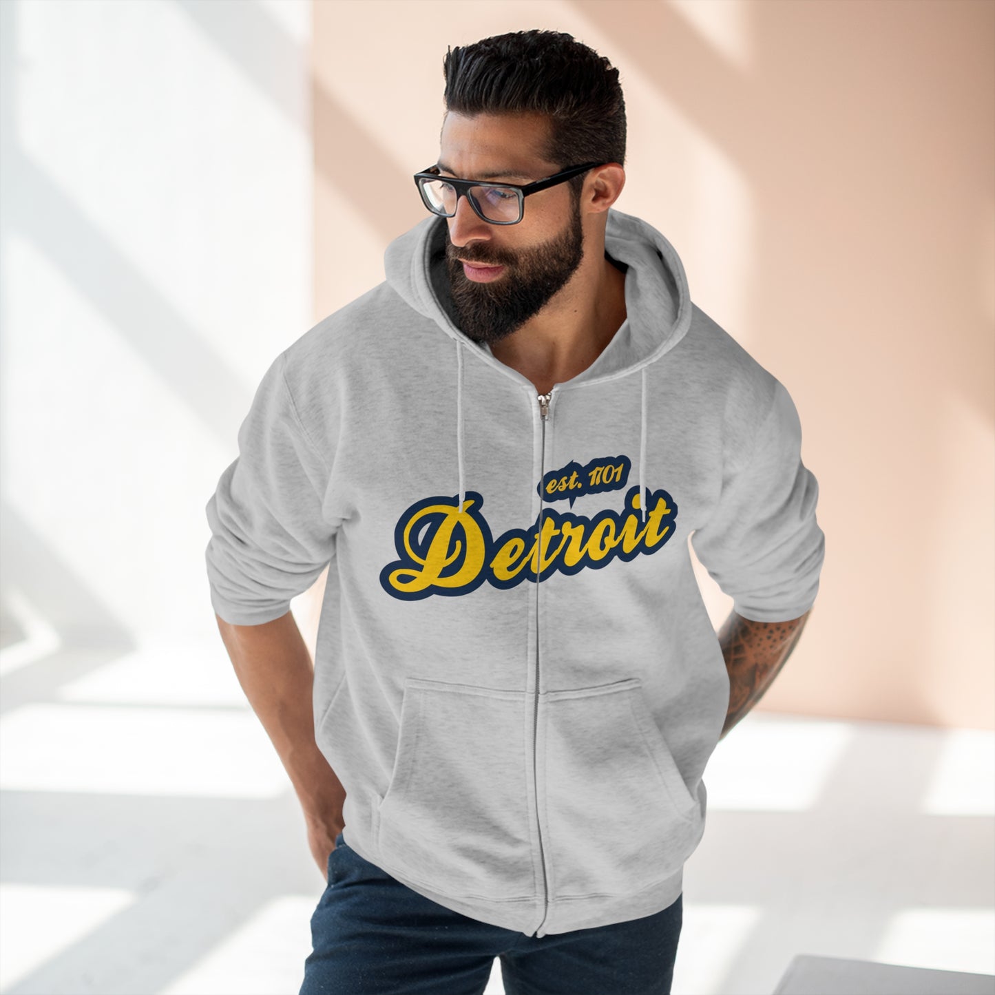 Detroit EST 1701' Hoodie (Gold/Navy Script Font) | Unisex Full Zip