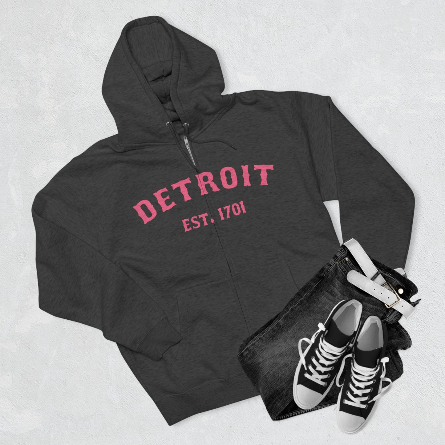 'Detroit EST. 1701' Hoodie (Rhodochrosite Pink Ballpark Font) | Unisex Full Zip