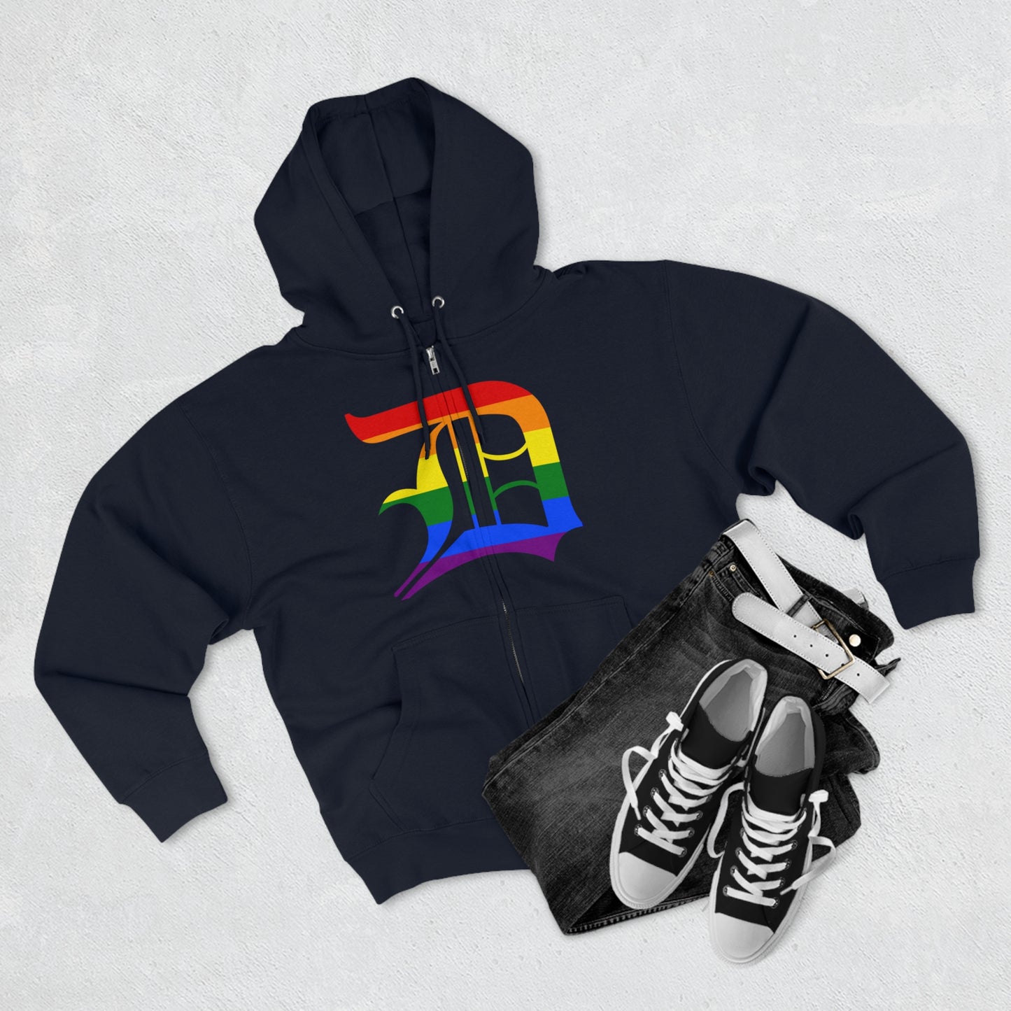 Detroit 'Old English D' Hoodie (Full-Body Rainbow Pride Edition) | Unisex Full Zip