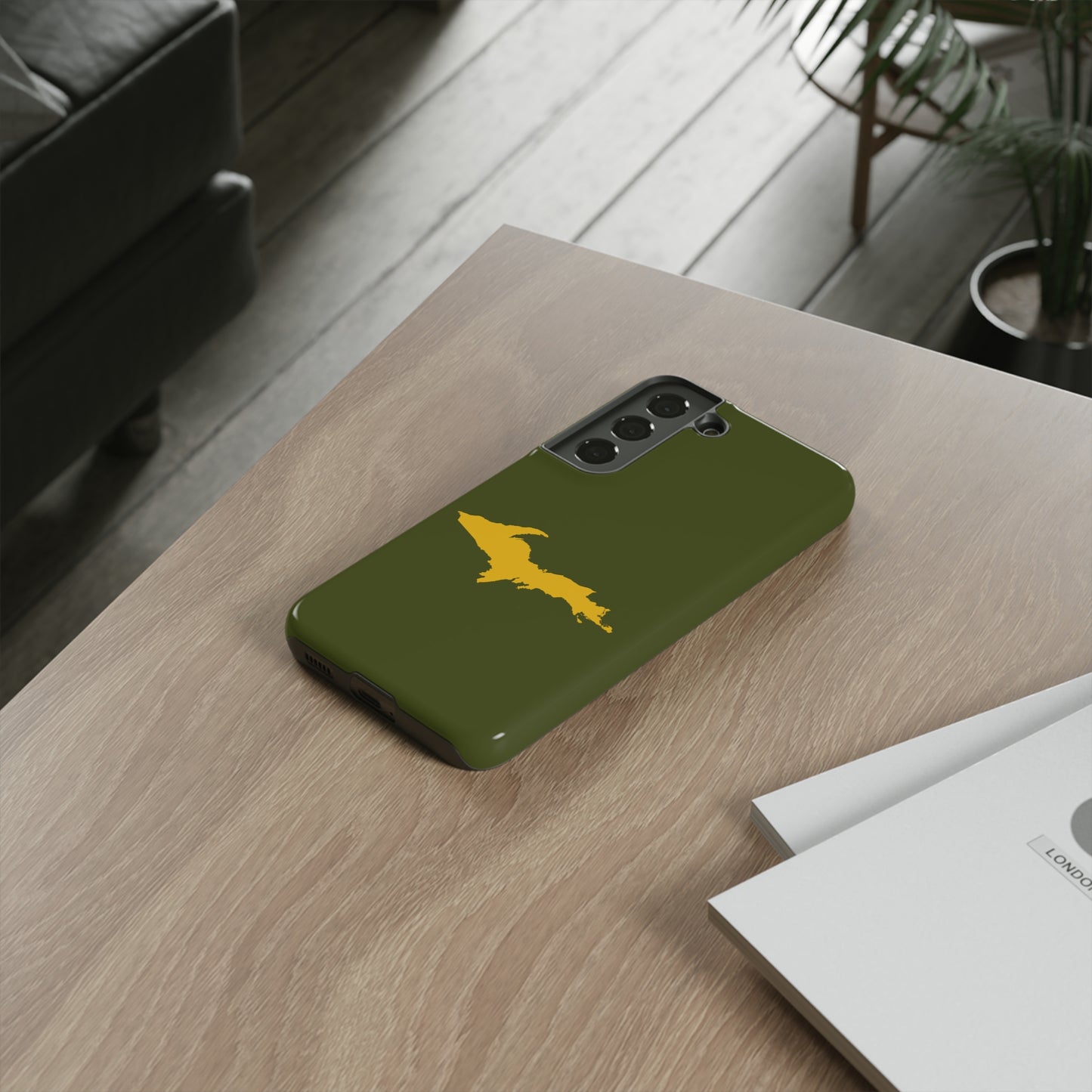 Michigan Upper Peninsula Tough Phone Case (Army Green w/ Gold UP Outline) | Samsung & Pixel Android