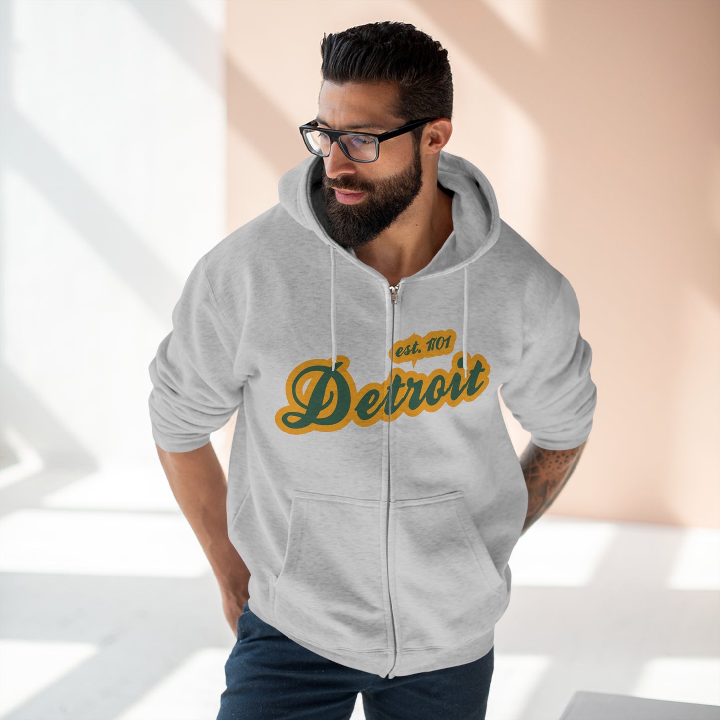 'Detroit EST 1701' Hoodie (Ginger Ale Green Script Font) | Unisex Full Zip