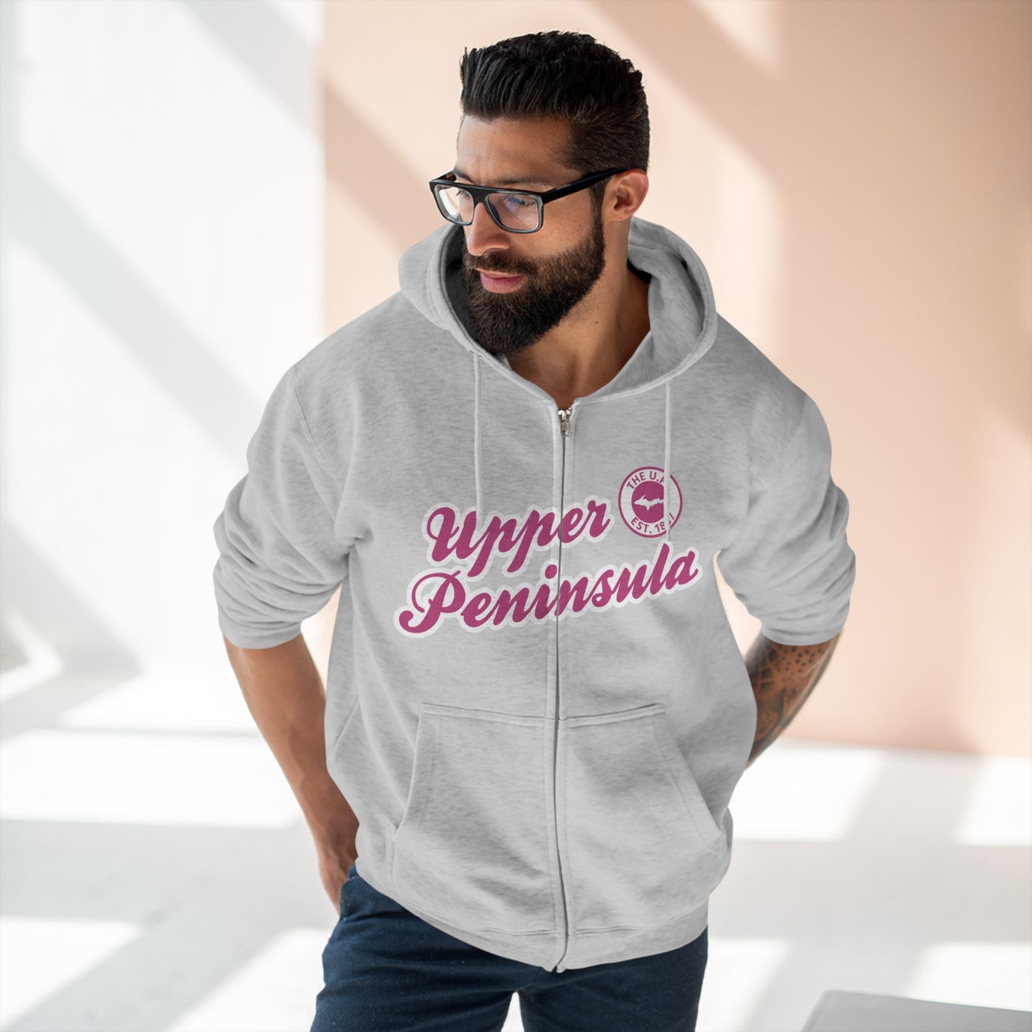 'Upper Peninsula EST 1837' Hoodie (Apple Blossom Pink Script Font) | Unisex Full Zip