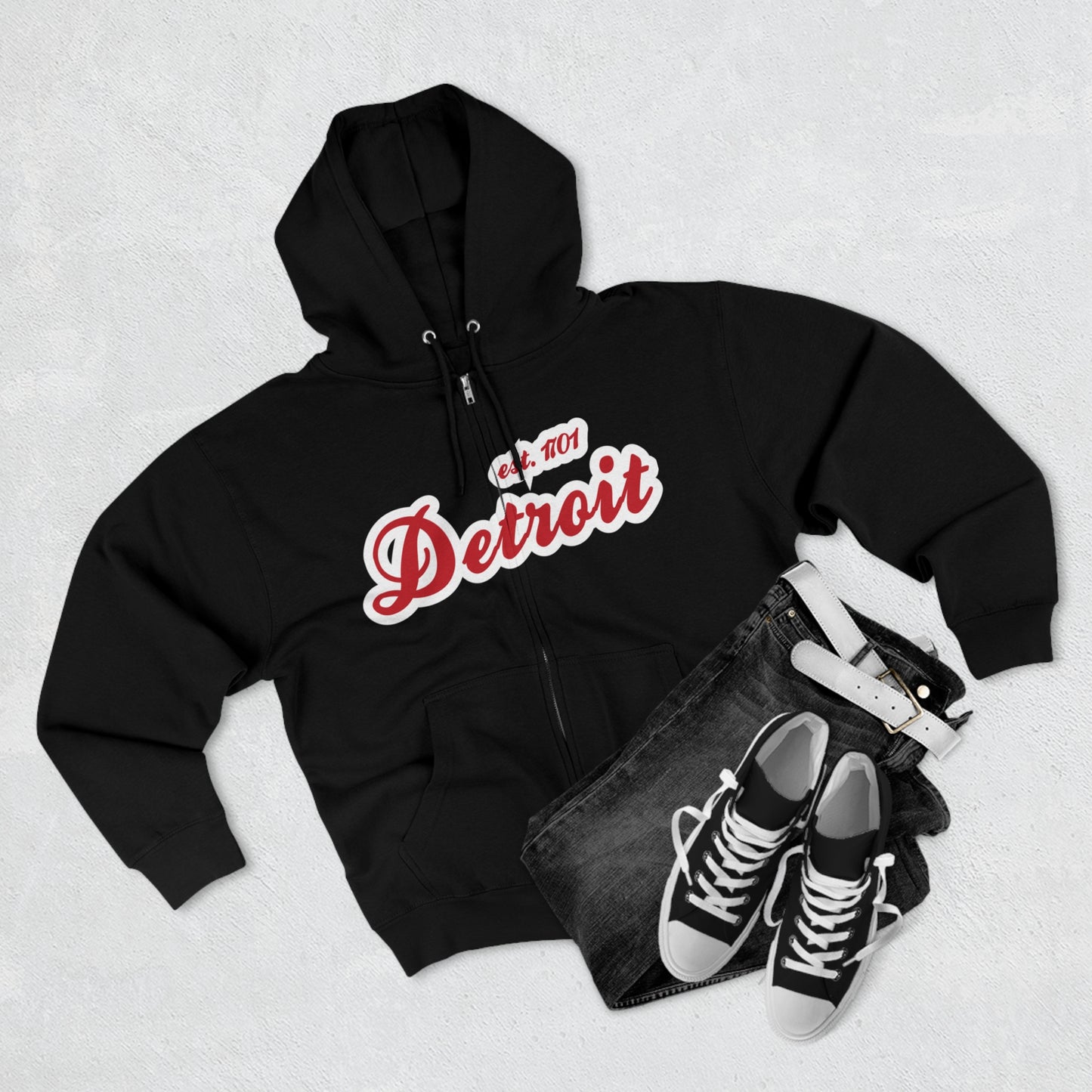 'Detroit EST 1701' Hoodie (Aliform Red Script Font) | Unisex Full Zip