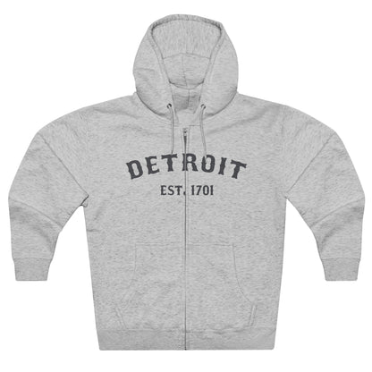 'Detroit EST. 1701' Hoodie (Iron Ore Grey Ballpark Font) | Unisex Full Zip