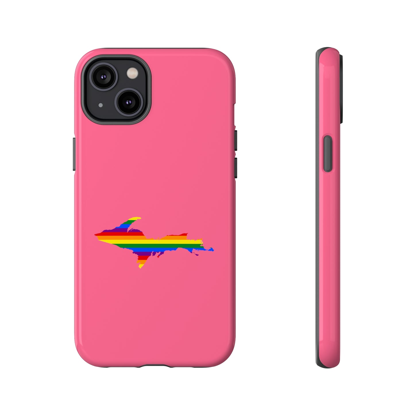 Michigan Upper Peninsula Tough Phone Case (Rhodochrosite Pink w/ UP Pride Flag Outline) | Apple iPhone