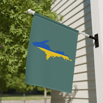 Michigan Upper Peninsula Home & Garden Flag (w/ UP Ukraine Flag) | Copper Green