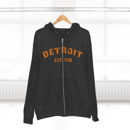 'Detroit EST. 1701' Hoodie (Orange Ballpark Font) | Unisex Full Zip