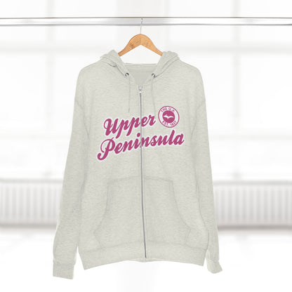 'Upper Peninsula EST 1837' Hoodie (Apple Blossom Pink Script Font) | Unisex Full Zip