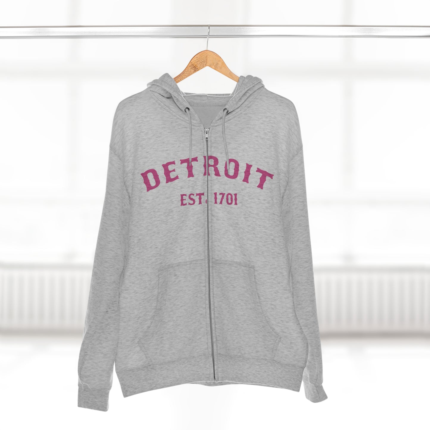 'Detroit EST. 1701' Hoodie (Apple Blossom Pink Ballpark Font) | Unisex Full Zip