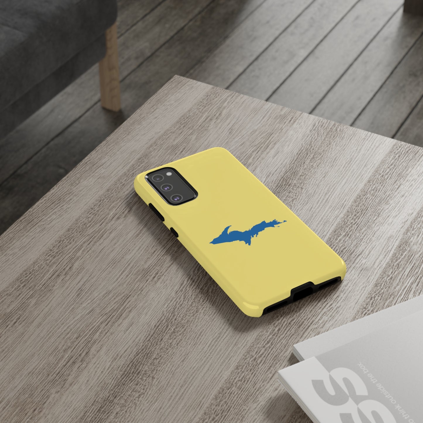 Michigan Upper Peninsula Tough Phone Case (Yellow Cherry w/ Azure UP Outline) | Samsung & Pixel Android