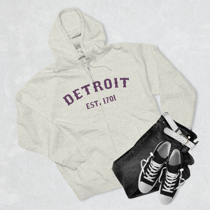 'Detroit EST. 1701' Hoodie (Plum Ballpark Font) | Unisex Full Zip