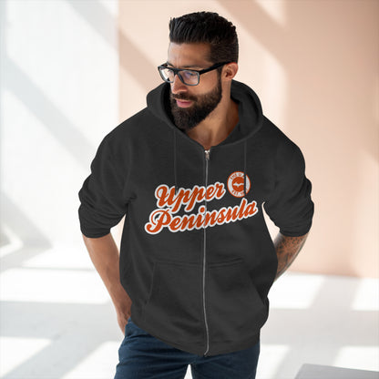 Upper Peninsula EST 1837' Hoodie (Maple Leaf Orange Script Font) | Unisex Full Zip