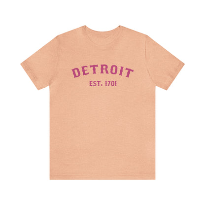 'Detroit EST. 1701' T-Shirt (Apple Blossom Pink Ballpark Font) | Unisex Standard