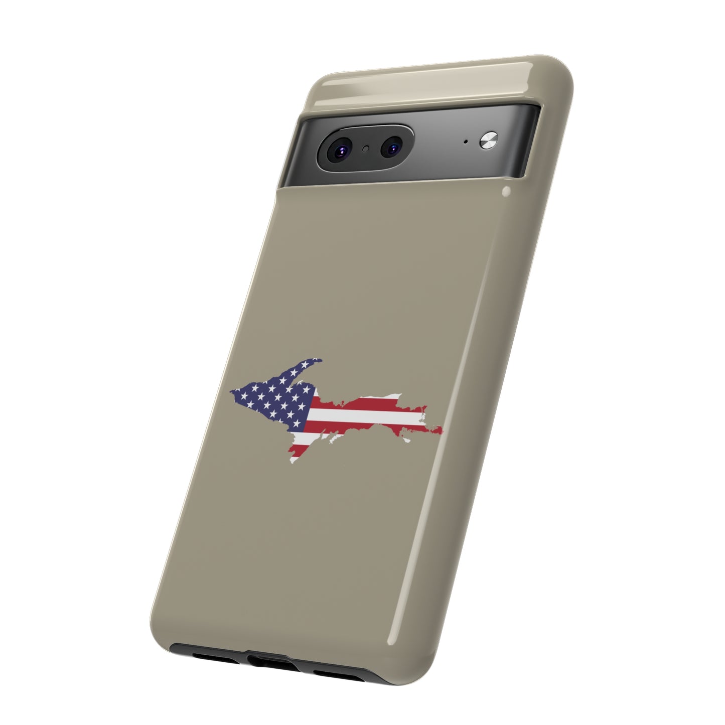 Michigan Upper Peninsula Tough Phone Case (Petoskey Stone Beige w/ UP USA Flag Outline) | Samsung & Pixel Android