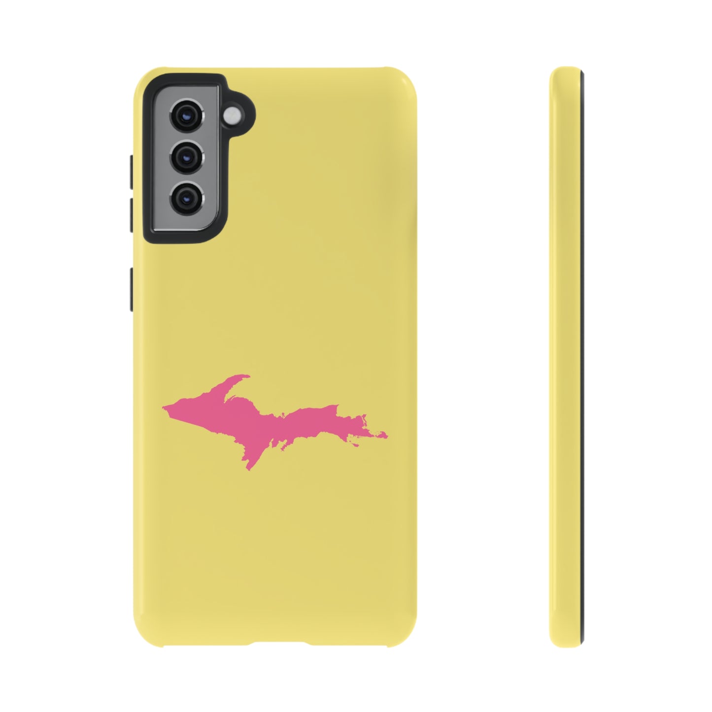 Michigan Upper Peninsula Tough Phone Case (Yellow Cherry Color w/ Pink UP Outline) | Samsung & Pixel Android