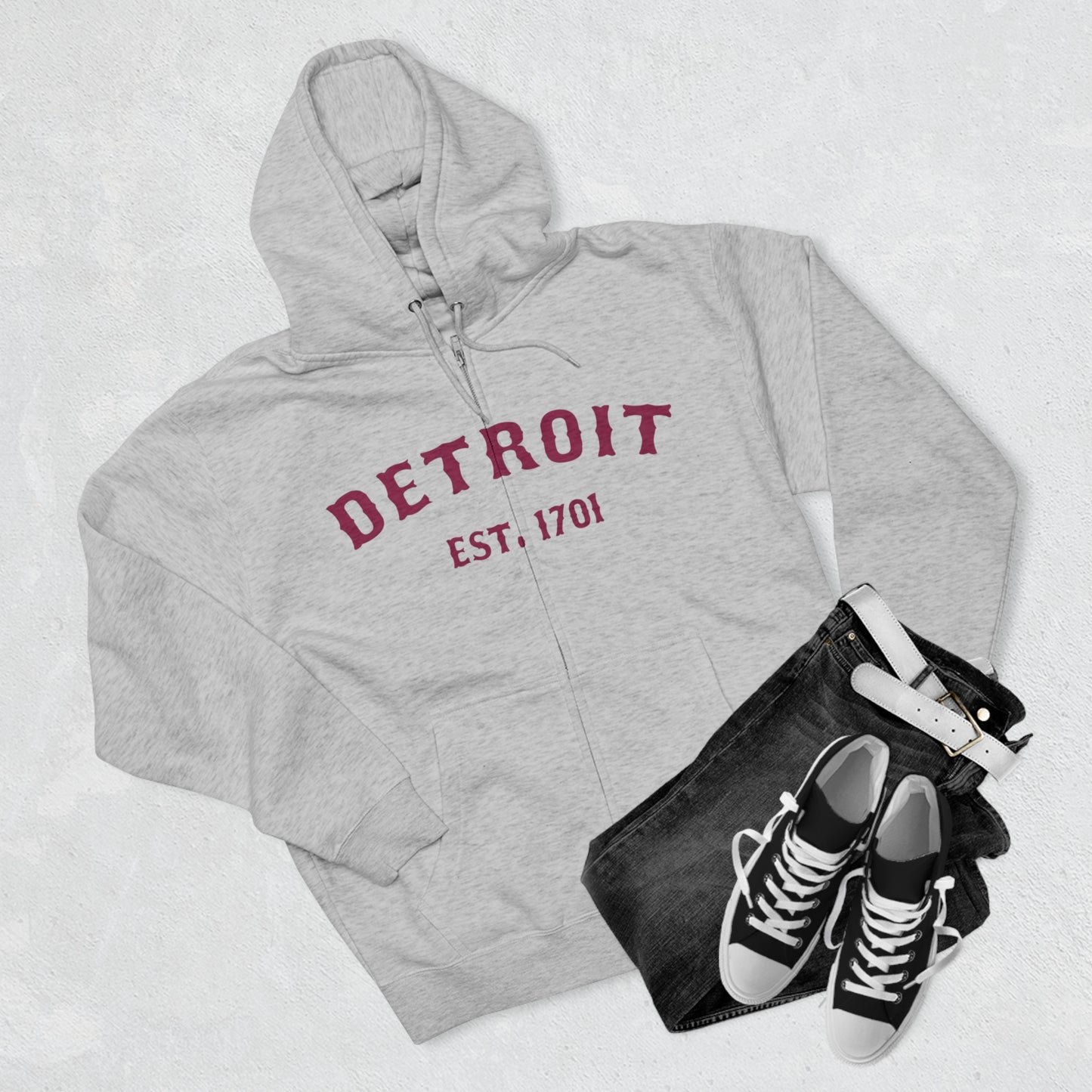 'Detroit EST. 1701' Hoodie (Ruby Red Ballpark Font) | Unisex Full Zip