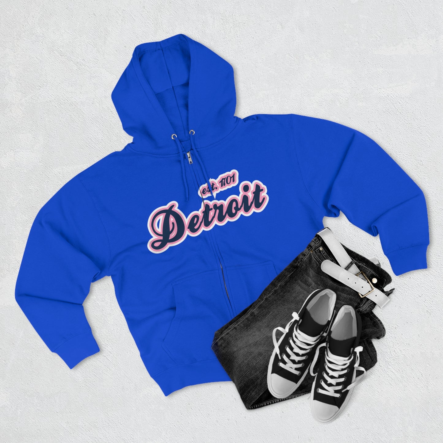 'Detroit EST 1701' Hoodie (Navy/Pink Script Font) | Unisex Full Zip