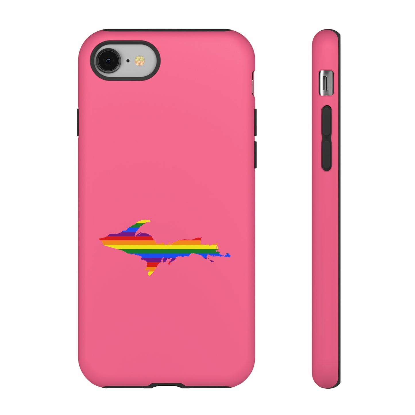 Michigan Upper Peninsula Tough Phone Case (Rhodochrosite Pink w/ UP Pride Flag Outline) | Apple iPhone