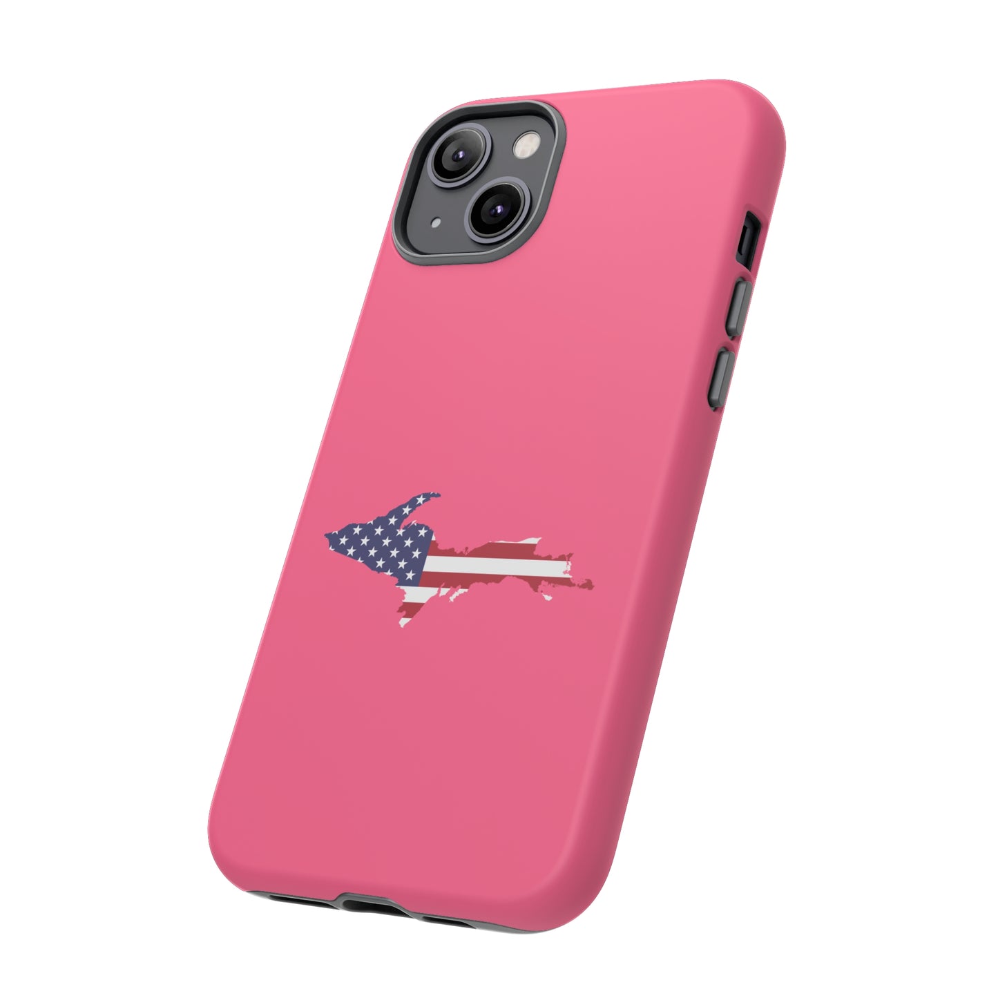 Michigan Upper Peninsula Tough Phone Case (Rhodochrosite Pink w/ UP USA Flag Outline) | Apple iPhone